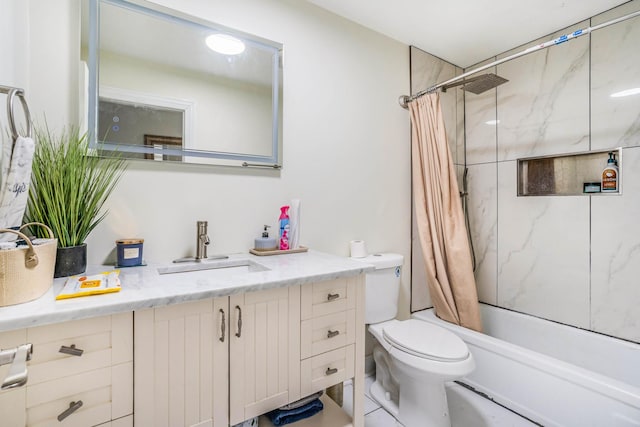 full bathroom with toilet, shower / bath combination with curtain, and vanity