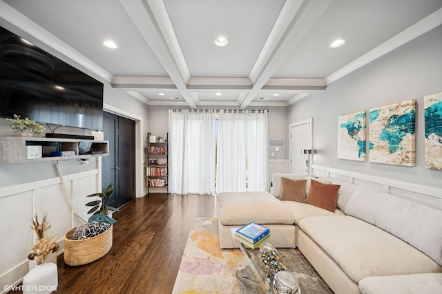 living area with recessed lighting, coffered ceiling, beamed ceiling, and wood finished floors