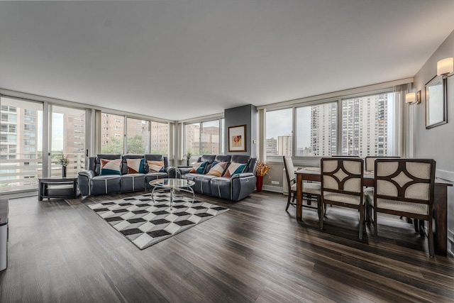 living room with a view of city and dark wood-type flooring