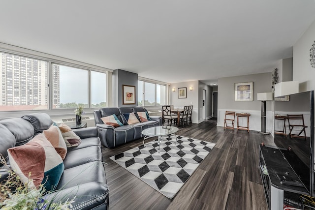 living room featuring dark wood-style flooring