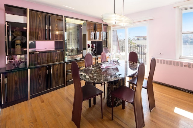 dining area featuring a wealth of natural light, light wood-type flooring, and radiator