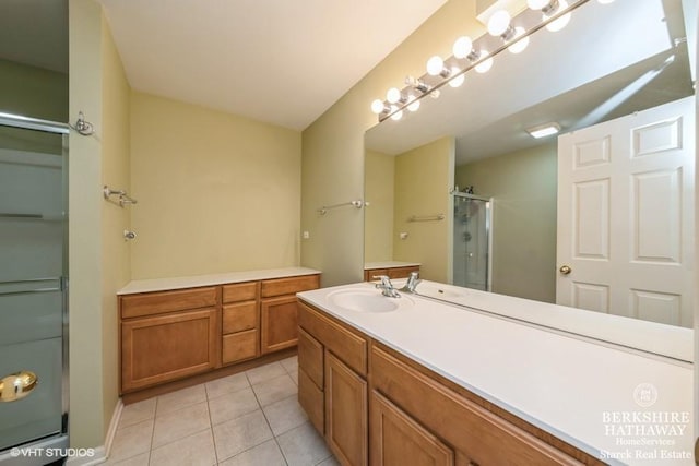 bathroom with vanity, a shower stall, and tile patterned floors