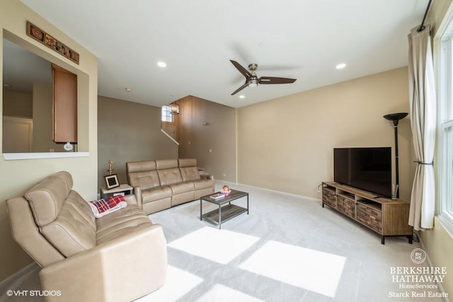 carpeted living room featuring recessed lighting, baseboards, and ceiling fan