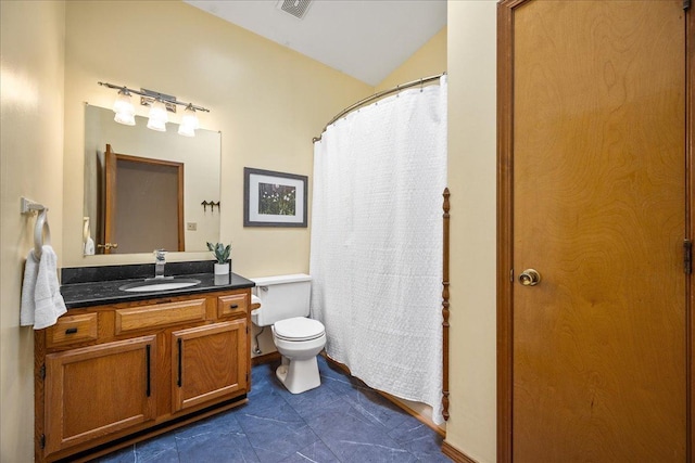 bathroom with visible vents, toilet, a shower with curtain, lofted ceiling, and vanity