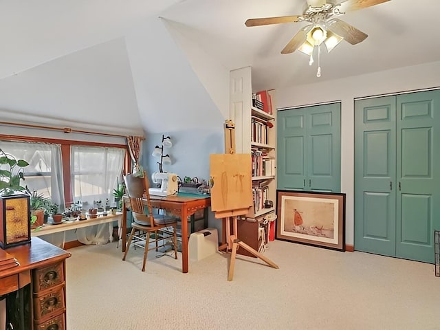 office with carpet, ceiling fan, and lofted ceiling