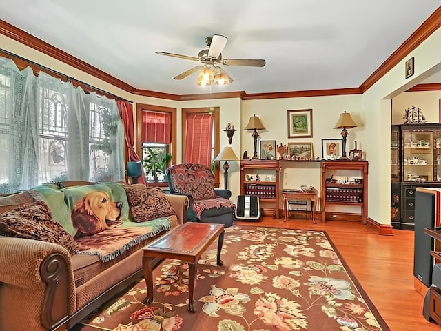 living area featuring ceiling fan, ornamental molding, and wood finished floors