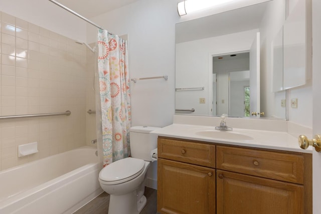 full bath with vanity, toilet, and shower / bath combo with shower curtain