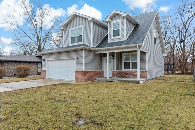 view of front facade with brick siding, roof with shingles, concrete driveway, an attached garage, and a front lawn