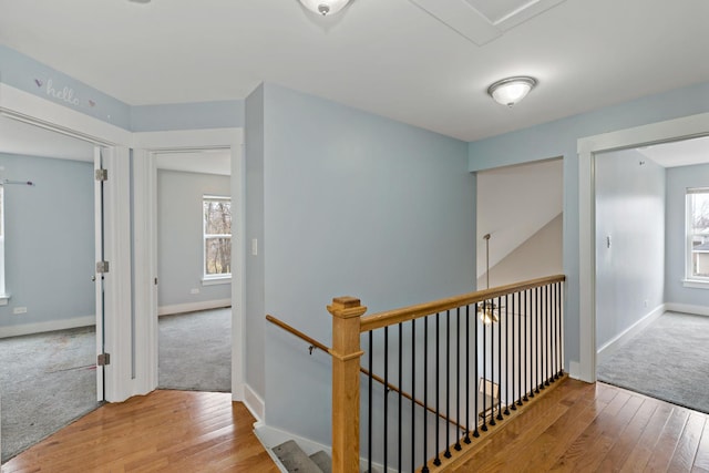 corridor with carpet, a healthy amount of sunlight, and an upstairs landing