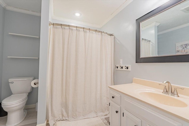 bathroom with visible vents, crown molding, toilet, a shower with curtain, and vanity