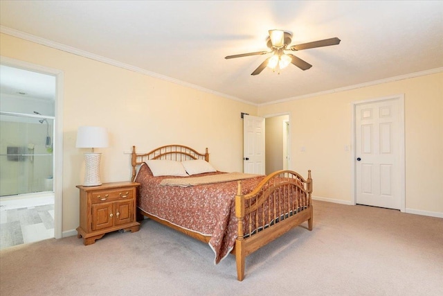 bedroom featuring light carpet, connected bathroom, baseboards, and ornamental molding