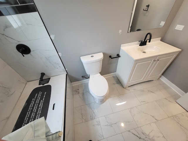full bath with marble finish floor, toilet, vanity, baseboards, and walk in shower