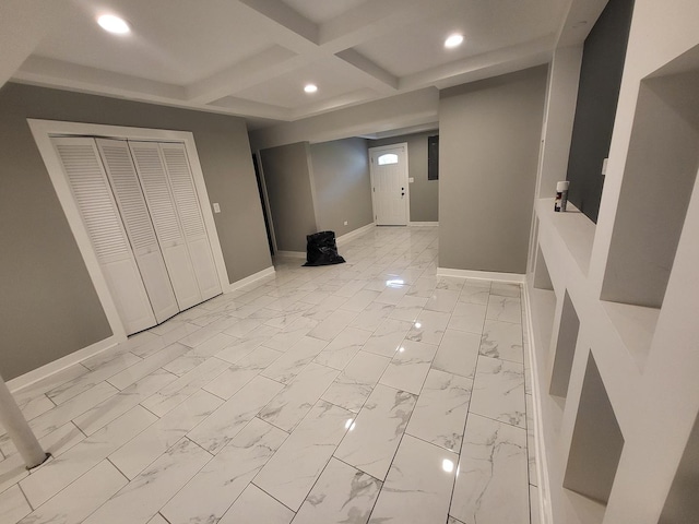 foyer featuring marble finish floor, recessed lighting, coffered ceiling, beamed ceiling, and baseboards