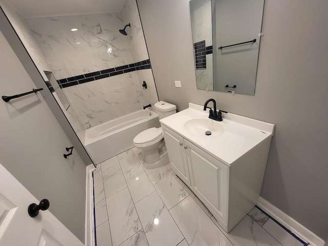 bathroom featuring shower / washtub combination, marble finish floor, toilet, vanity, and baseboards