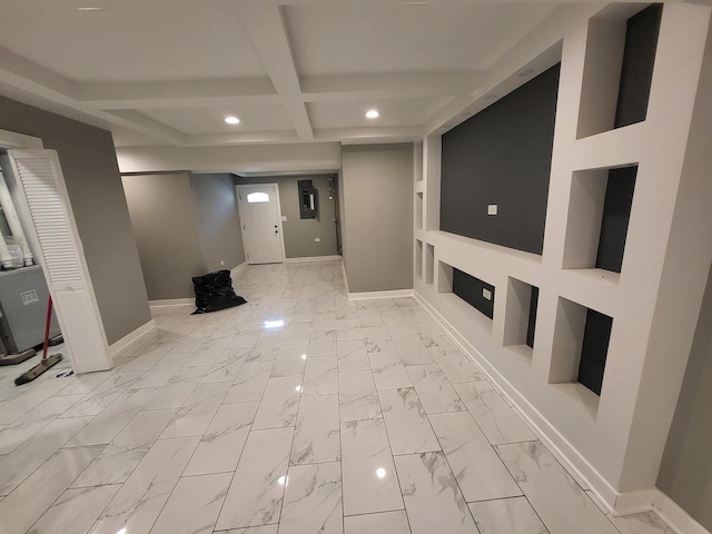 interior space with recessed lighting, coffered ceiling, baseboards, marble finish floor, and beam ceiling