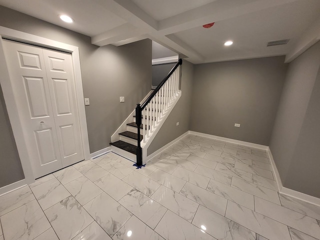 interior space featuring marble finish floor, stairs, baseboards, and recessed lighting