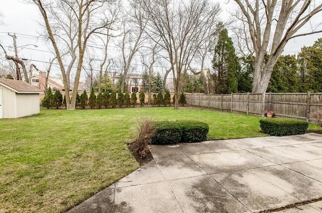 view of yard with a patio area, fence, an outdoor structure, and a shed