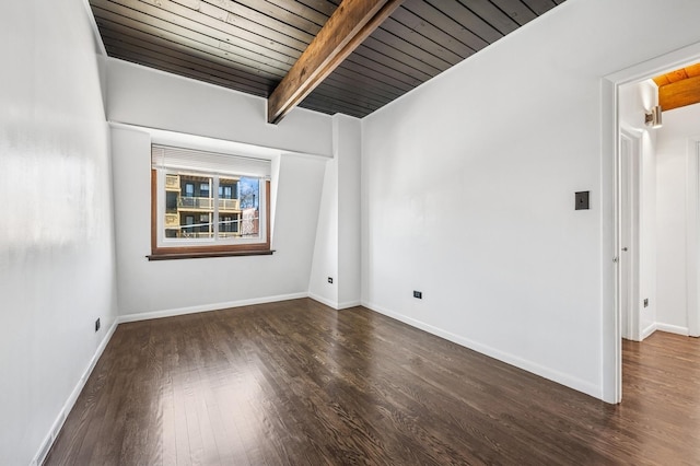 spare room with beamed ceiling, wooden ceiling, baseboards, and wood finished floors