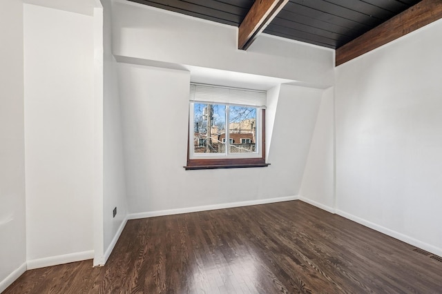 unfurnished room with wood finished floors, baseboards, visible vents, wooden ceiling, and beamed ceiling