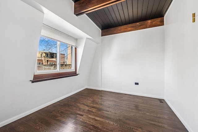 unfurnished room featuring beam ceiling, wood ceiling, wood finished floors, and baseboards