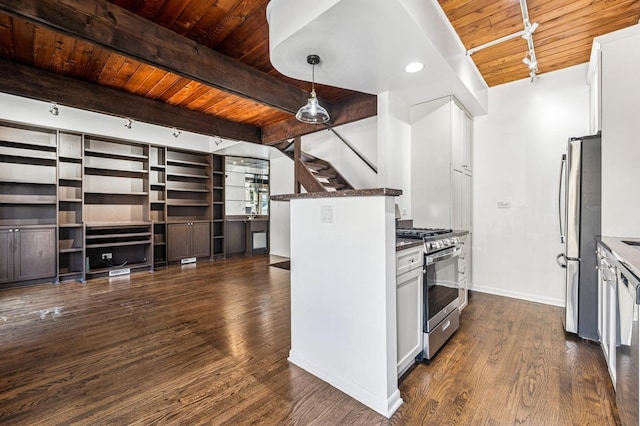 kitchen featuring beam ceiling, dark wood-style flooring, stainless steel appliances, hanging light fixtures, and wood ceiling