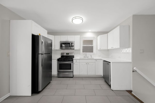 kitchen featuring a sink, tasteful backsplash, white cabinetry, and stainless steel appliances