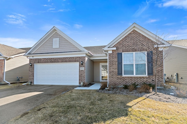 ranch-style home with a garage, brick siding, and driveway