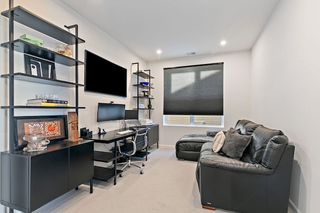 carpeted home office featuring recessed lighting, visible vents, and baseboards