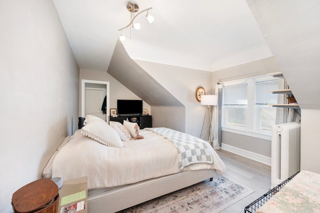 bedroom featuring baseboards, radiator, and wood finished floors