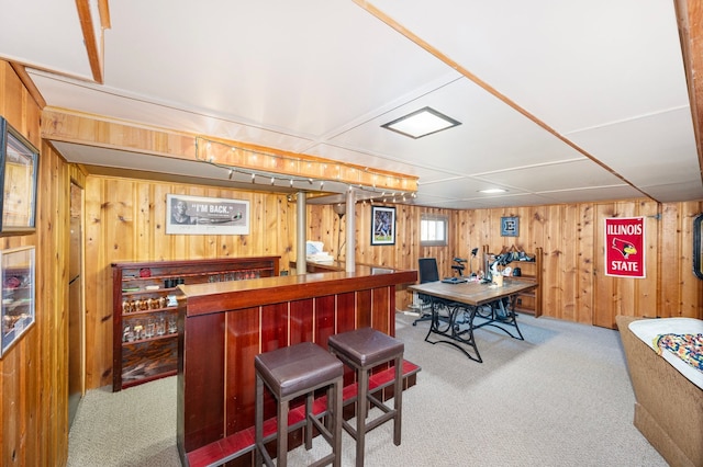 bar featuring a dry bar, wooden walls, and carpet floors