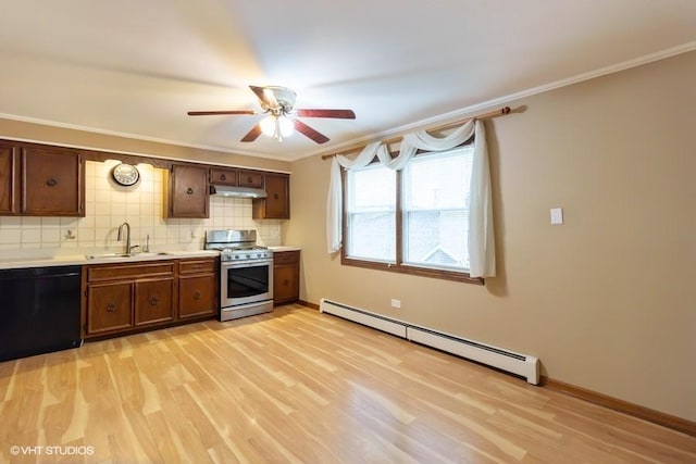 kitchen with light wood-style flooring, a baseboard heating unit, a sink, high end stainless steel range oven, and dishwasher