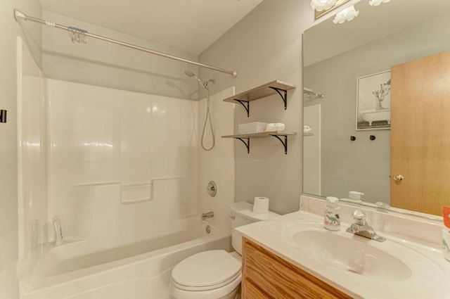 full bath featuring washtub / shower combination, vanity, and toilet