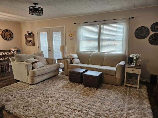 living room featuring french doors, wood finished floors, and ornamental molding