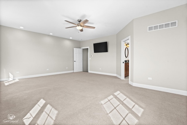 unfurnished living room featuring baseboards, visible vents, ceiling fan, and recessed lighting