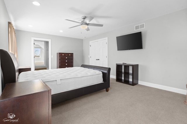 bedroom featuring carpet, baseboards, visible vents, and recessed lighting