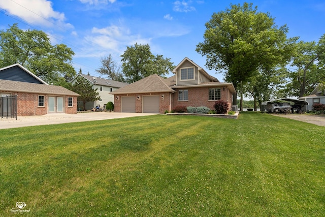 8043 Tamarack Ln, Morris, IL 60450 - view of front facade featuring brick siding, a garage, a front yard, and concrete driveway