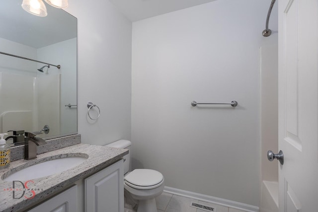 full bathroom featuring tile patterned floors, visible vents, toilet, vanity, and walk in shower