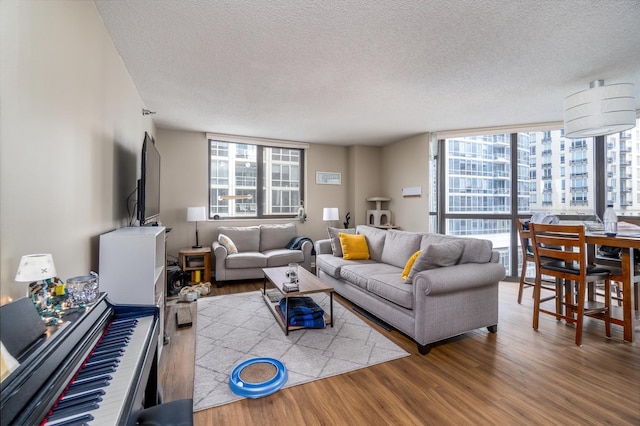 living room with a textured ceiling, wood finished floors, and floor to ceiling windows