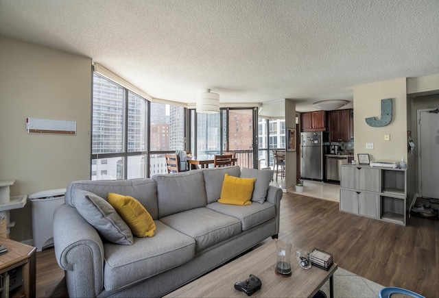 living room featuring a textured ceiling and wood finished floors