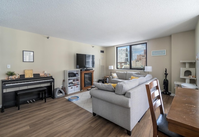 living room with wood finished floors and a textured ceiling