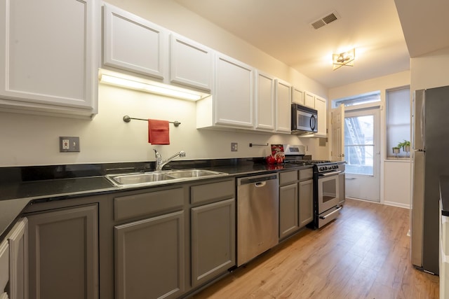 kitchen with visible vents, light wood-style flooring, a sink, dark countertops, and appliances with stainless steel finishes