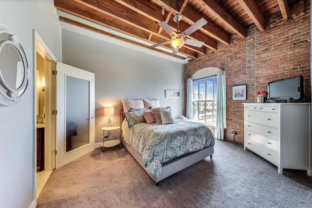 bedroom featuring light carpet, beam ceiling, brick wall, and ceiling fan