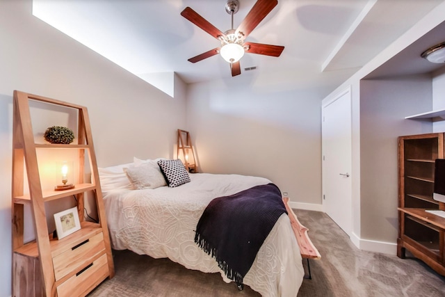 bedroom with visible vents, ceiling fan, baseboards, and carpet floors