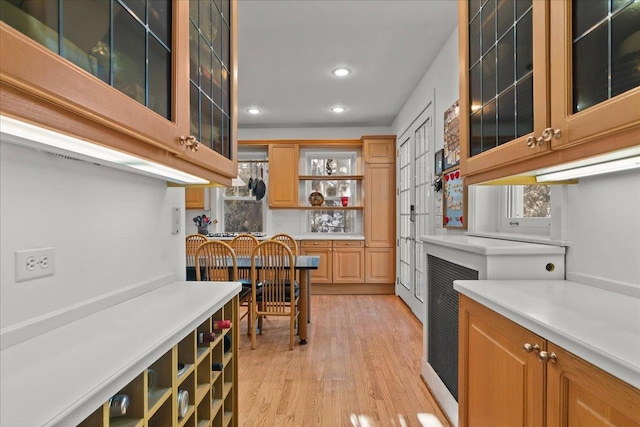 kitchen featuring open shelves, light wood-style flooring, plenty of natural light, and light countertops