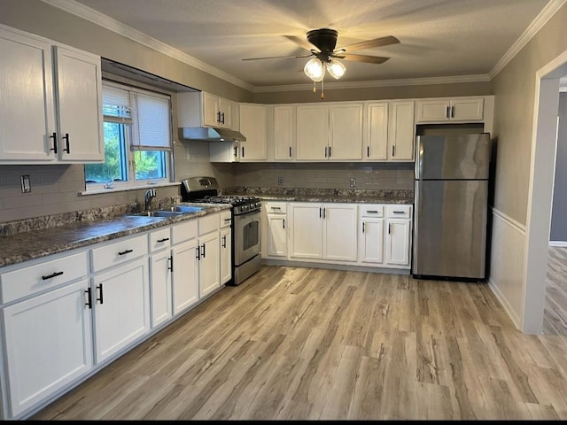 kitchen featuring under cabinet range hood, appliances with stainless steel finishes, ornamental molding, and a sink