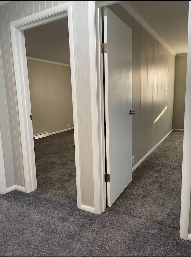 hallway featuring crown molding, wood walls, and carpet floors