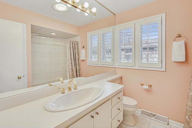 full bath with visible vents, toilet, a shower with curtain, tile patterned floors, and vanity