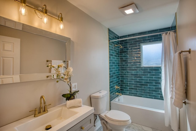 bathroom featuring marble finish floor, vanity, toilet, and shower / tub combo