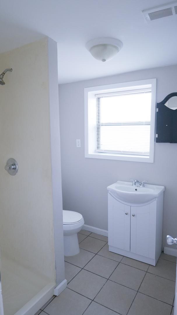 bathroom featuring visible vents, a shower stall, baseboards, toilet, and tile patterned floors