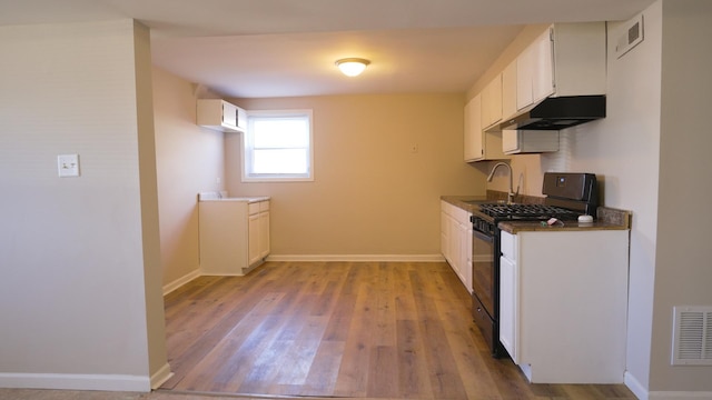 kitchen featuring under cabinet range hood, black gas range, visible vents, and a sink